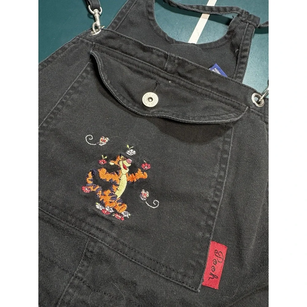 Vintage Disney Tigger Shortalls Overalls Youth Large Denim Bib Black Embroidered